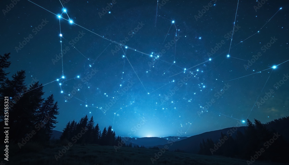 Obraz premium Abstract night sky with bright constellations and glowing lines over dark forest hills. Futuristic digital map connects stars for cosmic exploration or science. Light shines on horizon.