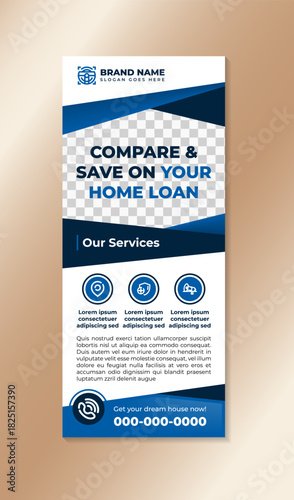 Pull up banner for successful, high performing mortgage business. compare and save on your home loan roll up poster with vertical layout. infographic and space for photo element.
