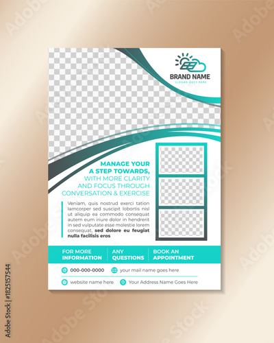 Modern business flyer template. poster design for business technology theme. space for photo collage isolated on vertical layout. curve border on top using blue gradient color