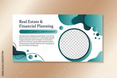 real estate and financial planning banner template on horizonal layout. liquid element on blue gradient colors. circle shape for photo space. 