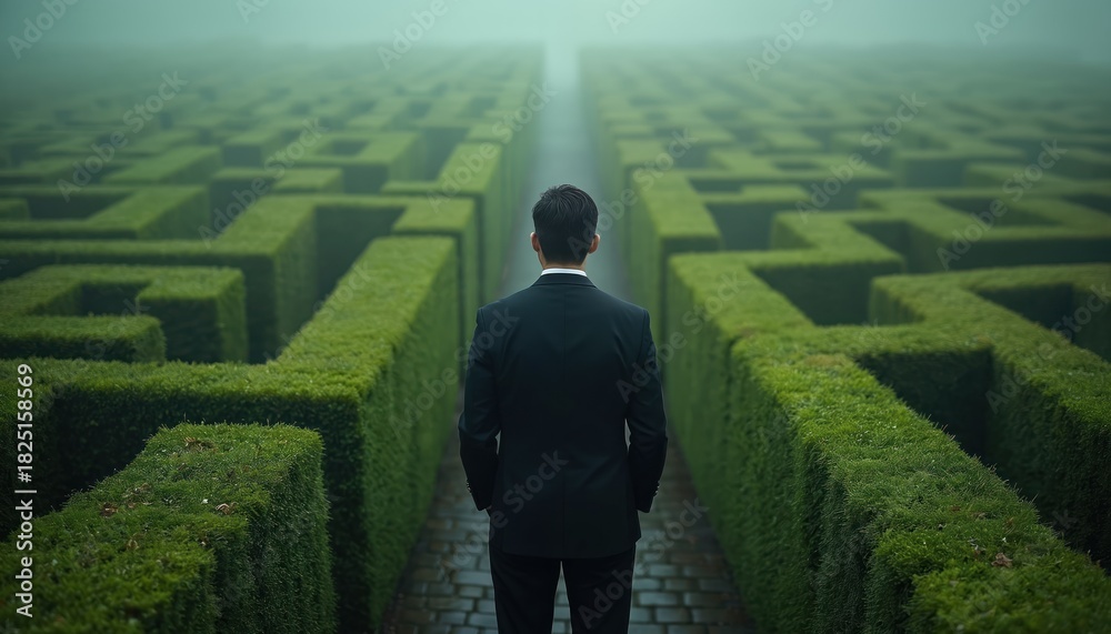 Fototapeta premium Man in suit stands at entrance of foggy green maze. Person looks into complex hedge labyrinth, contemplating difficult choice. Future uncertain, path unclear.