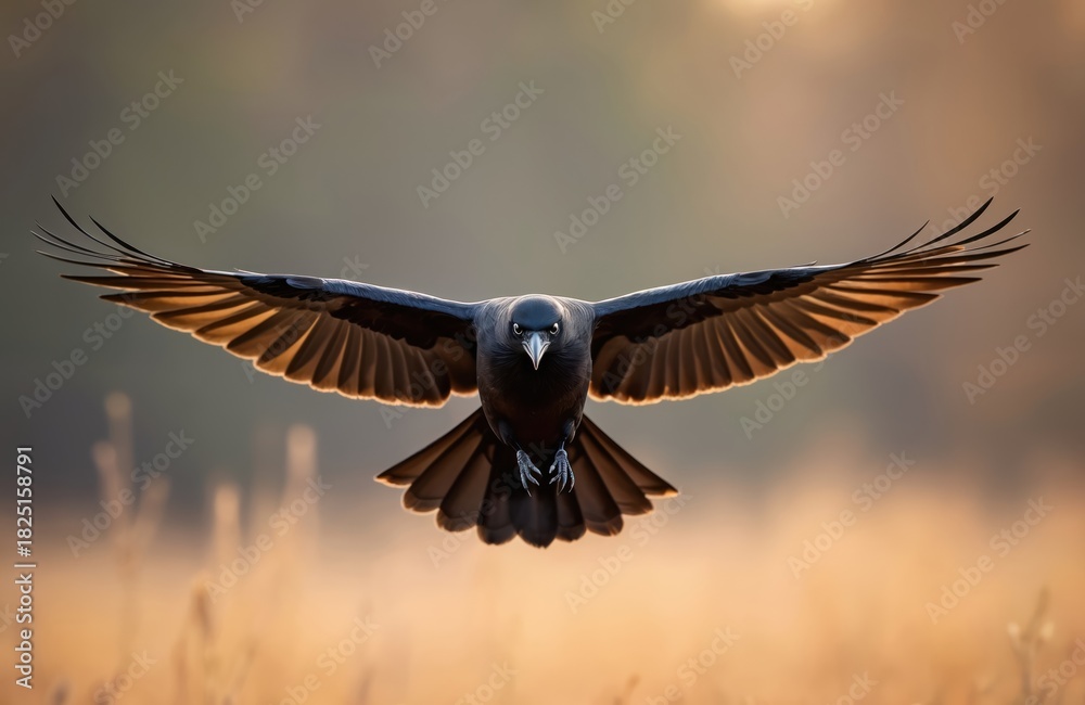 Fototapeta premium Black crow in flight against warm light background. Bird spreads wings, showing feathers. Wildlife photo shows a wild bird flying. Nature portrait captures a moment.
