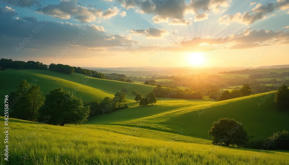Obraz premium Green hills and trees under blue sky during sunset. Sun rays shine through clouds over grass fields. Idyllic countryside landscape, summer nature scene.