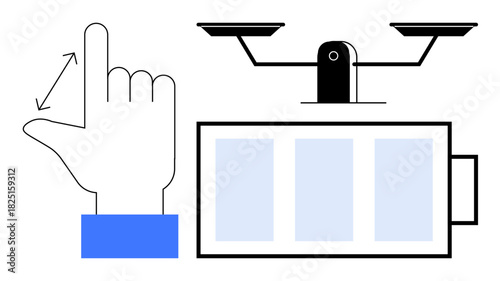 Minimal hand gesture indicating measure, scales symbolizing balance, and a battery icon for energy. Ideal for technology, balance, power, precision, decisions, sustainability efficiency themes