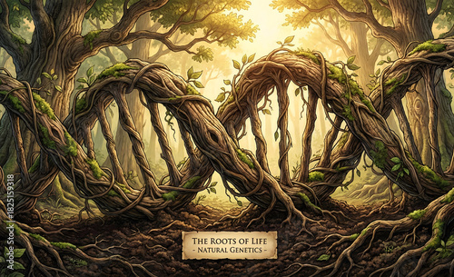 Natural DNA: Tree Roots Forming a Double Helix in a Forest Landscape