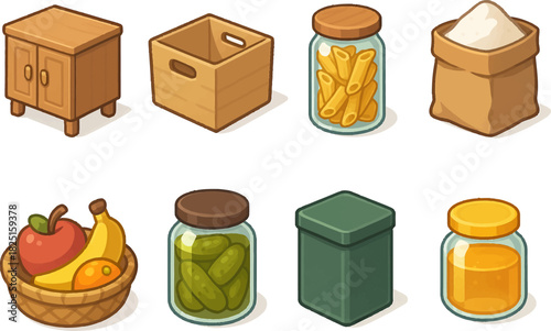 Isometric pantry storage featuring cabinet box pasta flour fruit pickles container and honey jars