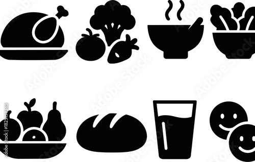 Variety of healthy food icons representing balanced nutrition and dietary choices for wellness focus