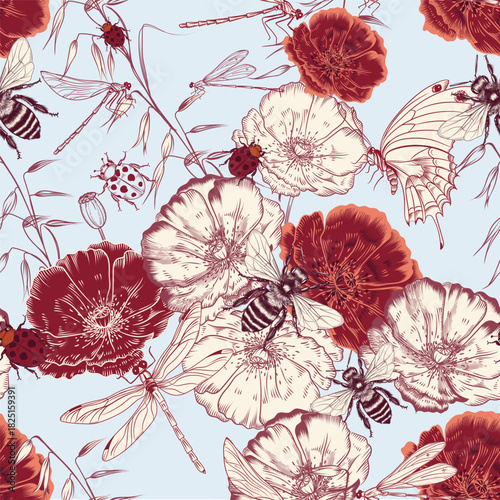 Fashion vector floral pattern with red poppy flowers, bees, dragonflies, toil...