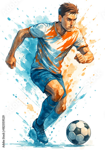 Dynamic soccer player dribbling the ball with intense focus in a vibrant watercolor illustration