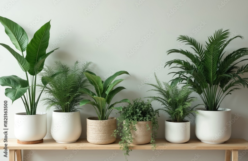 Obraz premium Green houseplants sit on wooden shelf against a white wall. Various potted plants create a modern room decor. Plants bring freshness and style to living space.