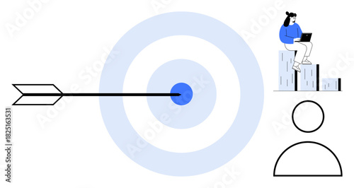 Arrow hitting target center, woman using laptop on bar graph, user icon. Ideal for business strategy, personal growth, marketing, success, teamwork focus digital innovation. Simple flat metaphor