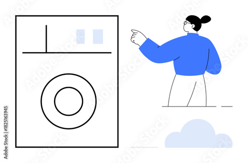 Woman in blue sweater gestures beside a minimal outline of a washing machine. Ideal for laundry concepts, home chores, automation, cleanliness, simplicity, modern living, and process visualization. A