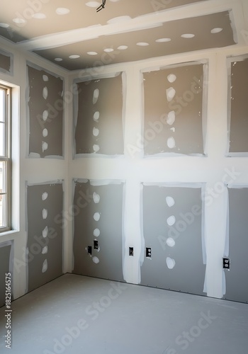 Freshly Drywalled Interior Space with Taped Seams and Electrical Outlets