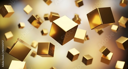 Fototapeta Naklejka Na Ścianę i Meble -  Golden cubes floating in space, elegant modern abstraction with warm diffused lighting and shimmering surfaces