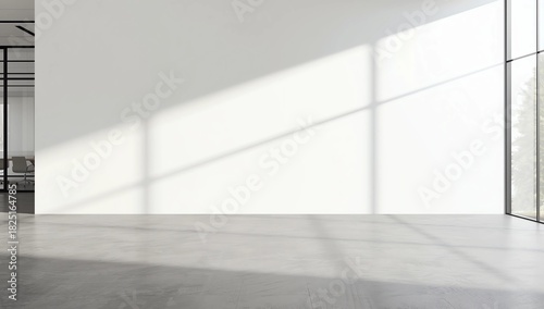 Empty office interior with concrete floor empty white wall with copy space and windows in background. Slight cross process effect added. 3D rendered image.