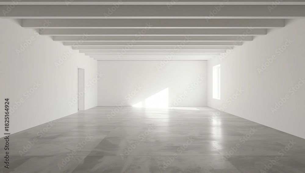 Obraz premium Empty office interior with concrete floor empty white wall with copy space and windows in background.