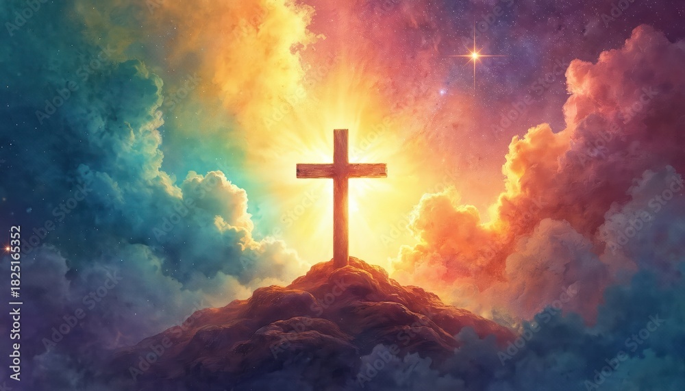 Fototapeta premium Religious cross on hill surrounded by colorful cosmic clouds and stars. Divine light shines brightly from behind. Represents faith hope and spiritual connection to the universe.