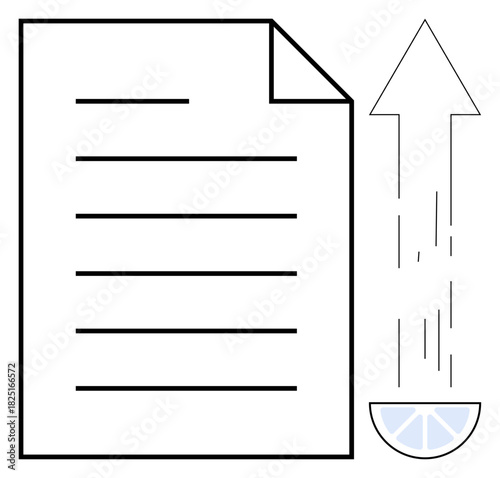 Document with horizontal lines paired with an ascending arrow featuring a semicircle at the base. Ideal for business, productivity, growth, success, innovation, education, minimalism, simple flat