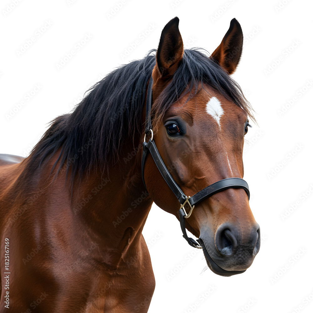 Obraz premium A close-up portrait of a beautiful brown horse with a black mane and a white blaze on its forehead, wearing a black halter.