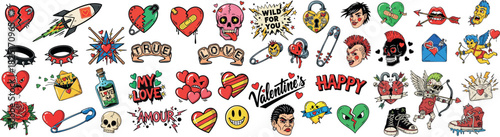 Colorful retro cartoon 90s style valentines day love heart skull rose arrow lipstick safety pin cupid arrow design set perfect for greeting cards stickers and apparel branding