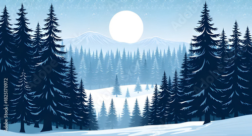 winterforest,cartoonlandscape,backgrounddesign,snowland,pinetreeforest,firtrees,naturebackground,coldclimate,freezing,iceworld,whitescene,bluehorizon,mountainridge,outdoorbackground,scenicnature,seaso