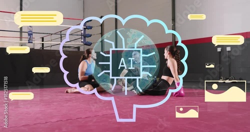 Coach gesturing and speaking initiating AI globe and brain popping over boxing duo checking gloves