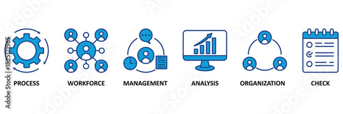 Quality Management icon set vector illustration concept with icon of process, workforce, management, analysis, organization and check.