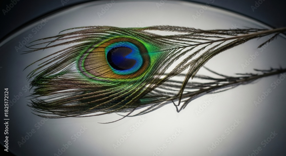 Obraz premium Reflected Peacock Feather: Elegant Iridescent Eye on a Curved Glossy Surface with Vignette for Modern Design