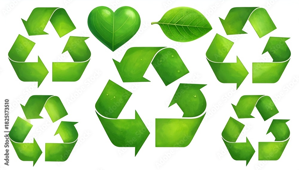 Obraz premium Digitally created collection of green recycled symbols and leaf-like elements