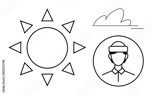 Sun with triangular rays, stylized cloud, person in headband representing summer, activity, relaxation, nature. Ideal for themes thumbs up weather, fitness, outdoor fun simplicity balance