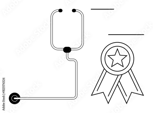Medical blood donation bag linked via tubing, paired with a star-shaped award ribbon. Ideal for health, donation, achievement, recognition, medical success, charity social impact. Simple flat