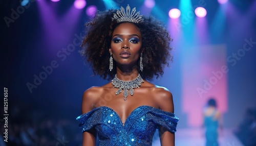African female model presents blue dress on runway. Woman poses in crown, necklace, earrings at fashion show. Chic girl shows luxury look with afro hair and dark skin.