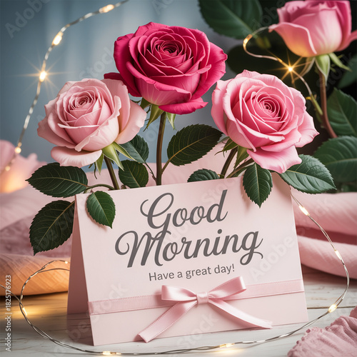 Illustration of pink rose bouquet with good morning greeting card and light