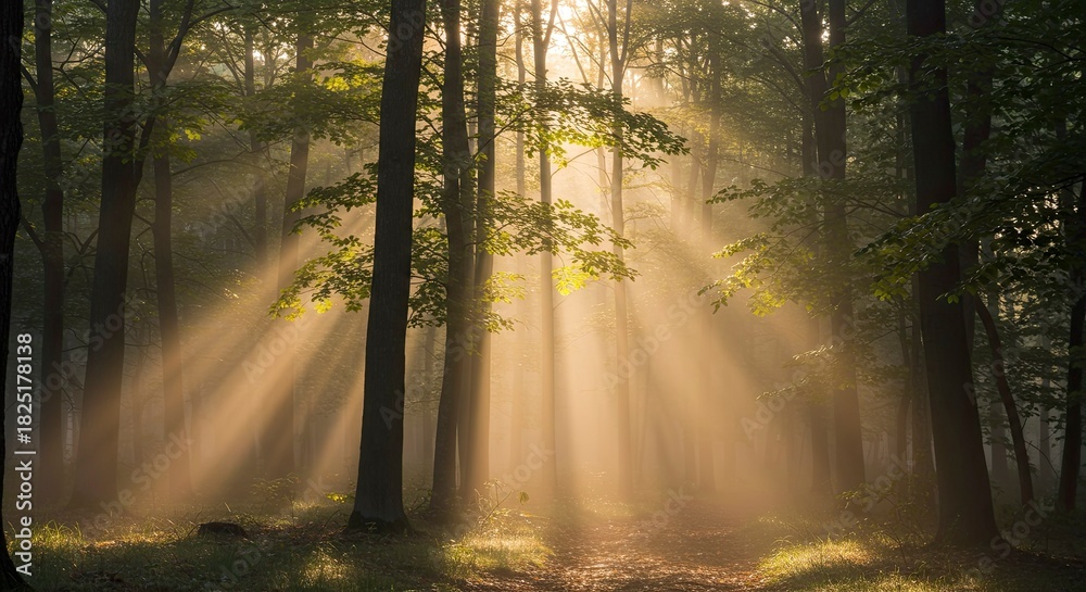Fototapeta premium Sunbeams Pierce Misty Forest Path at Dawn