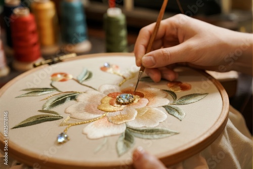 Close-up of hands embroidering a floral design with beads and thread on fabric in a wooden hoop