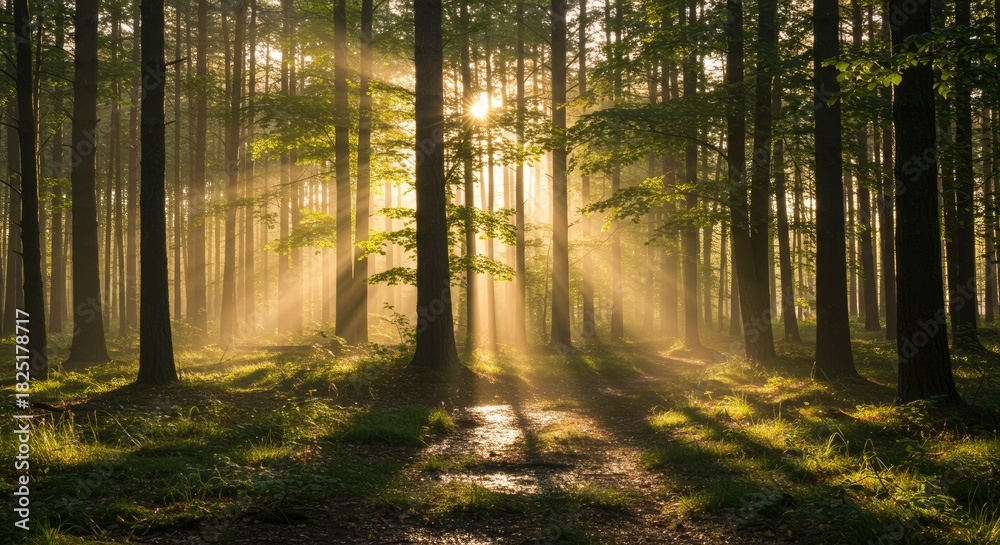 Obraz premium Sunbeams piercing through a misty forest canopy