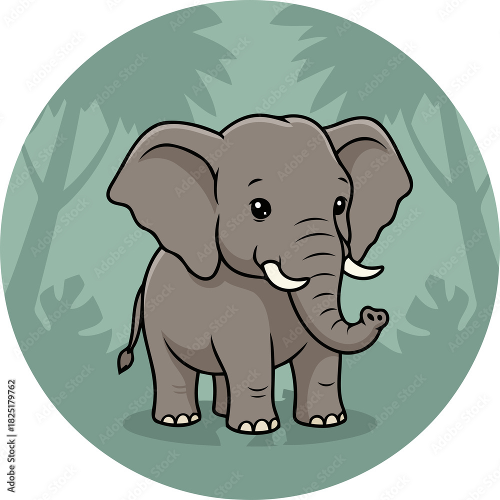 Obraz premium Cute Elephant (Elephas Maximus Maximus) Standing With Jungle Background, Asian Animal Character In Circular Badge Clipart Isolated On Transparent Background