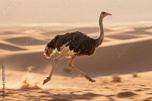 Fototapeta Naklejka Na Ścianę i Meble -  Ostrich running across sandy desert dunes at golden hour