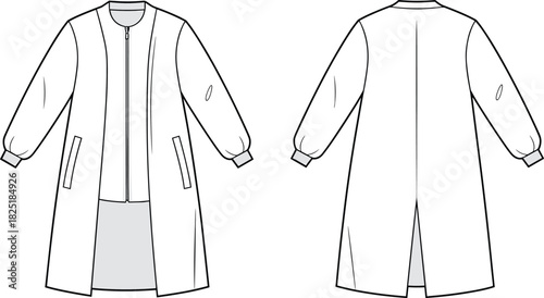 Long sleeve trench coat technical fashion flat sketch with front zipper, side pockets, back slit, stylish outerwear CAD drawing vector illustration