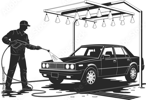Man using high pressure water jet to wash car at car wash station, black and white vector illustration concept.