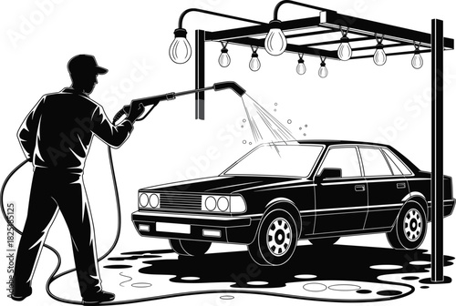 Man washing car with high pressure water hose at car wash station, black and white vector illustration, automotive cleaning concept.