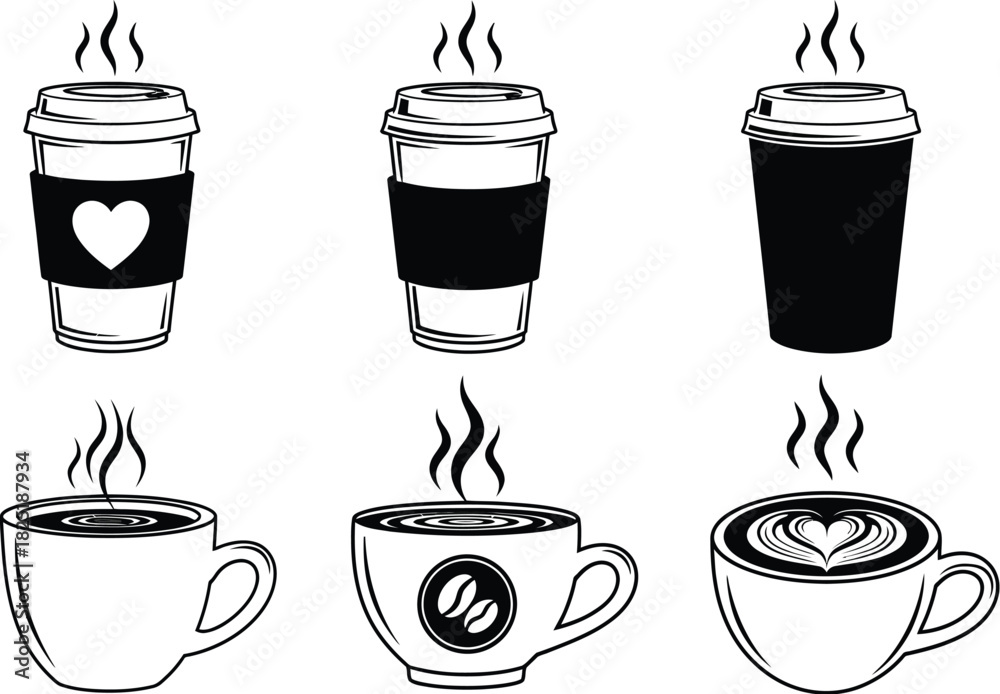 Obraz premium Coffee vector illustrations depicting coffee-to-go cups and mugs with hot drinks steaming. Line art isolated on transparent backdrop.