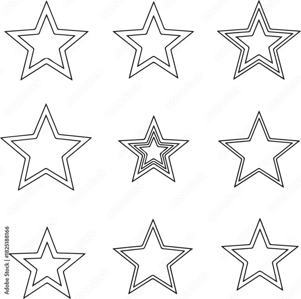 Obraz premium Collection of nine simple black and white outline star shapes of various sizes and styles