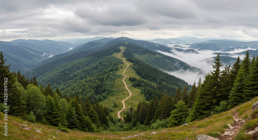 Fototapeta premium Winding Mountain Path Through Lush Green Forests and Misty Valleys