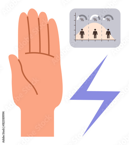 Open hand signaling caution, statistical graph indicating data trends or demographics, and blue lightning bolt representing energy or urgency. Ideal for data analysis, decision-making, risk