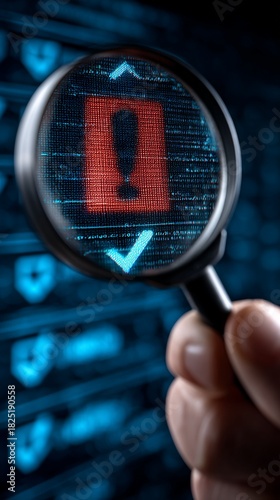 Artificial Intelligence Red Flag Checked Through Magnifying Glass on Blue Digital Data Stream Background