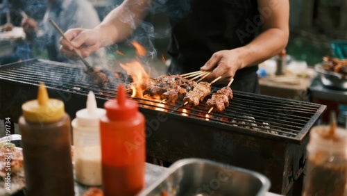 Person grilling skewered meat on a barbecue with flames and smoke, surrounded by condiment bottles.