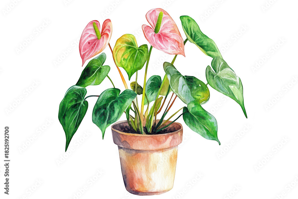 Naklejka premium A potted plant featuring colorful anthurium flowers with lush green leaves. set against a clean white background. ideal for home decor and gardening inspiration