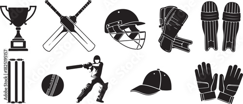 Cricket equipment and player silhouette isolated on transparent background