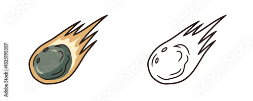 Space drawing of a bright yellow and dark gray flying meteoroid or comet in doodle style, depicting an asteroid entering the atmosphere with a burning tail and glow